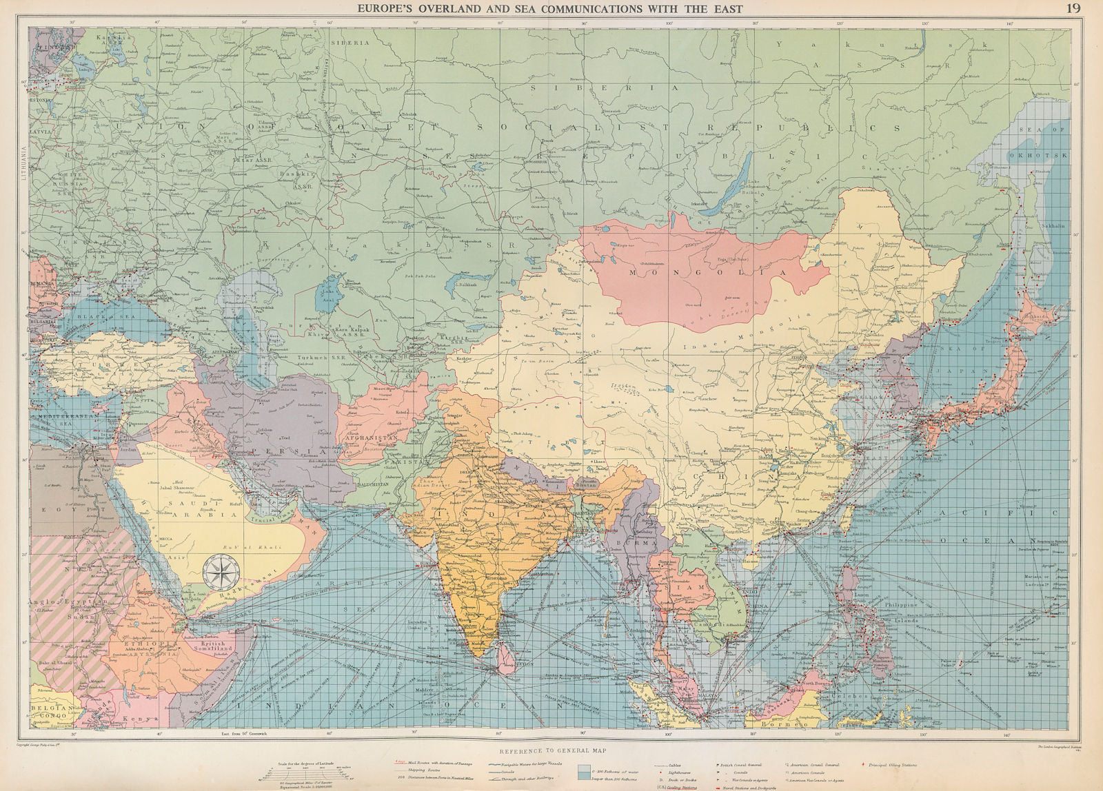 Europe's Overland & Sea Communications with Asia. Chart. LARGE 1952 old map